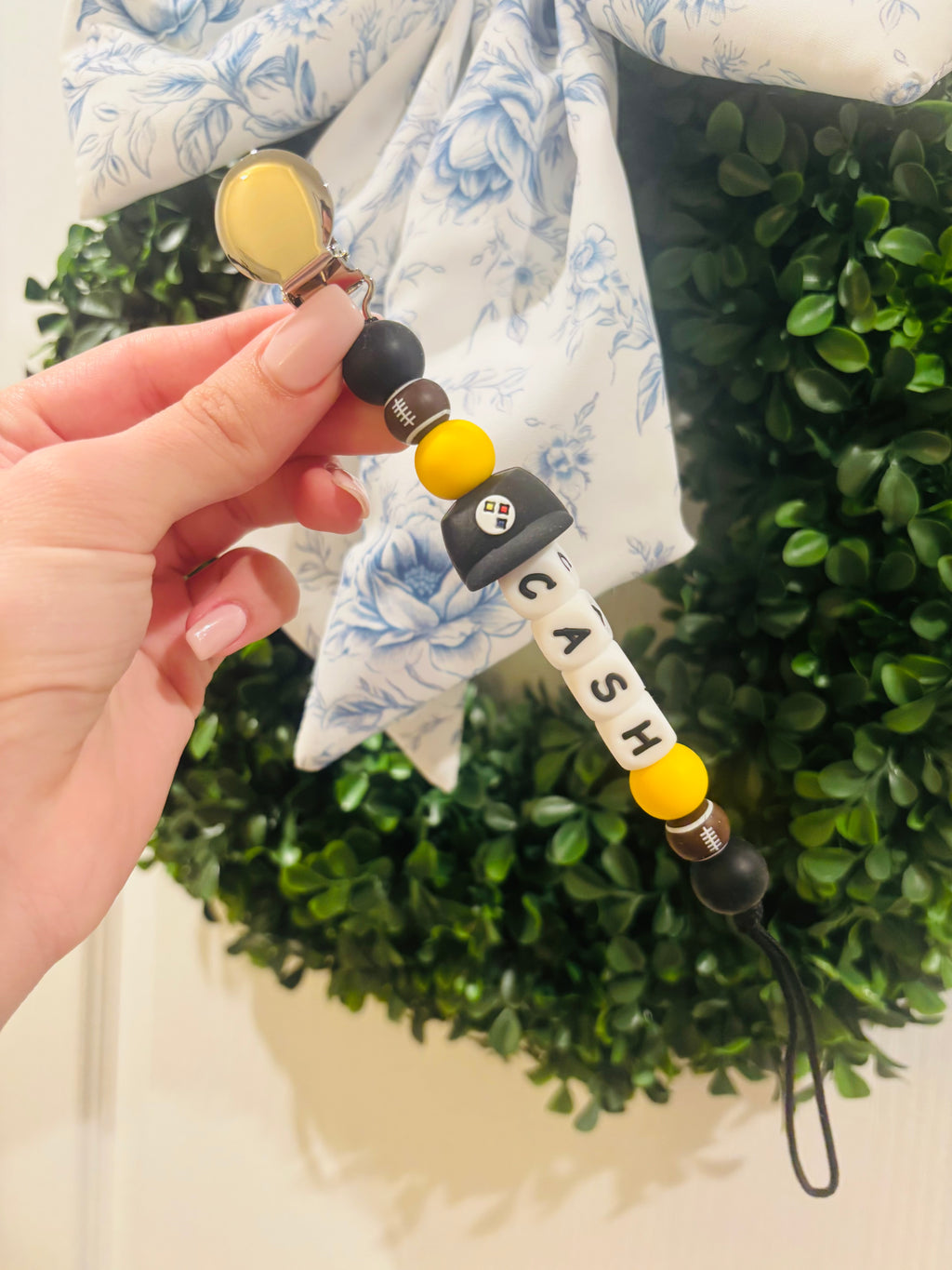 Custom name football team hat Paci teething clip