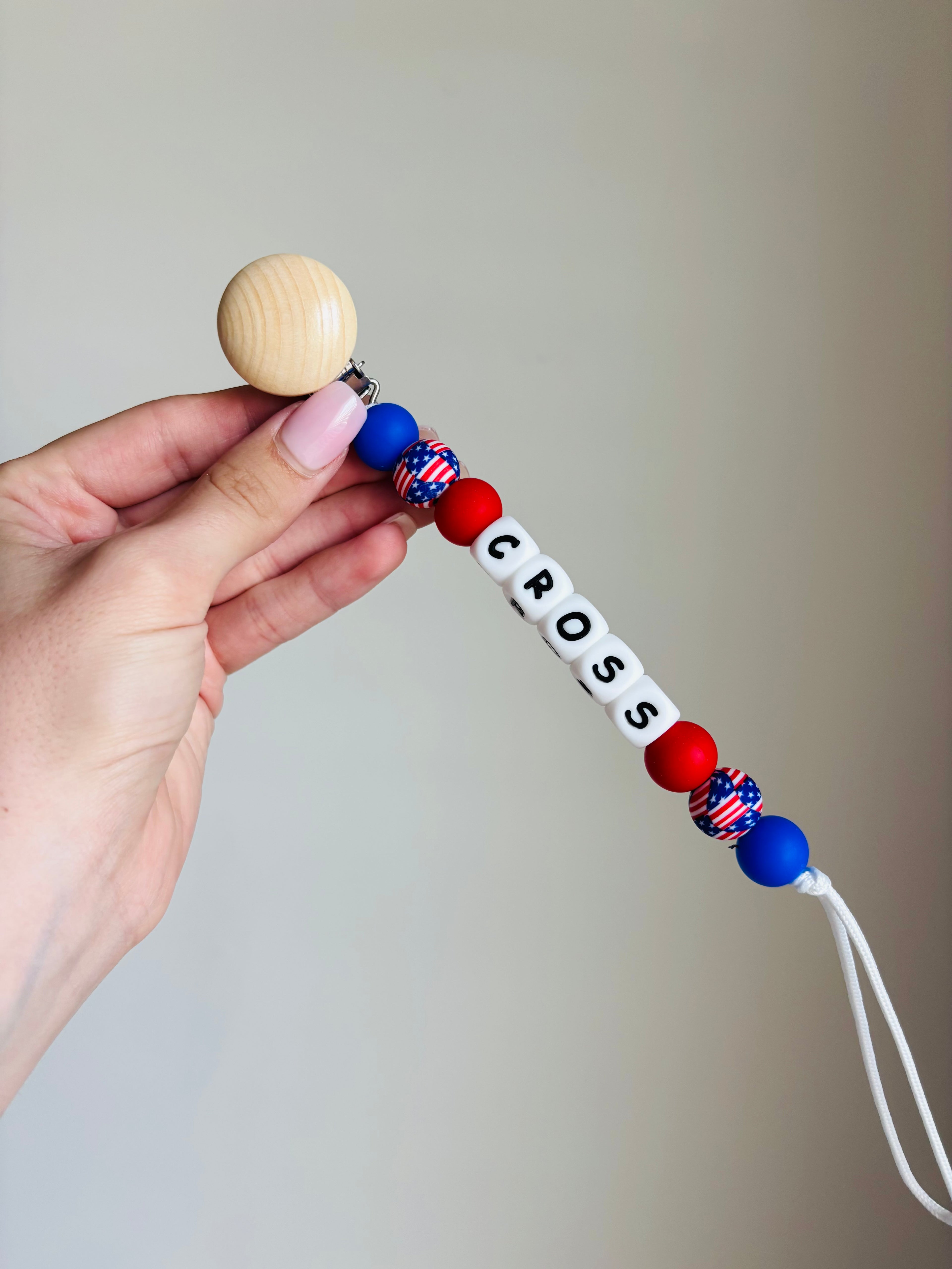 Custom name patriotic Paci Teething Clip