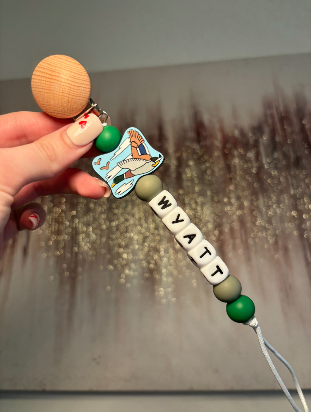 Custom name mallard Duck Paci teething clip