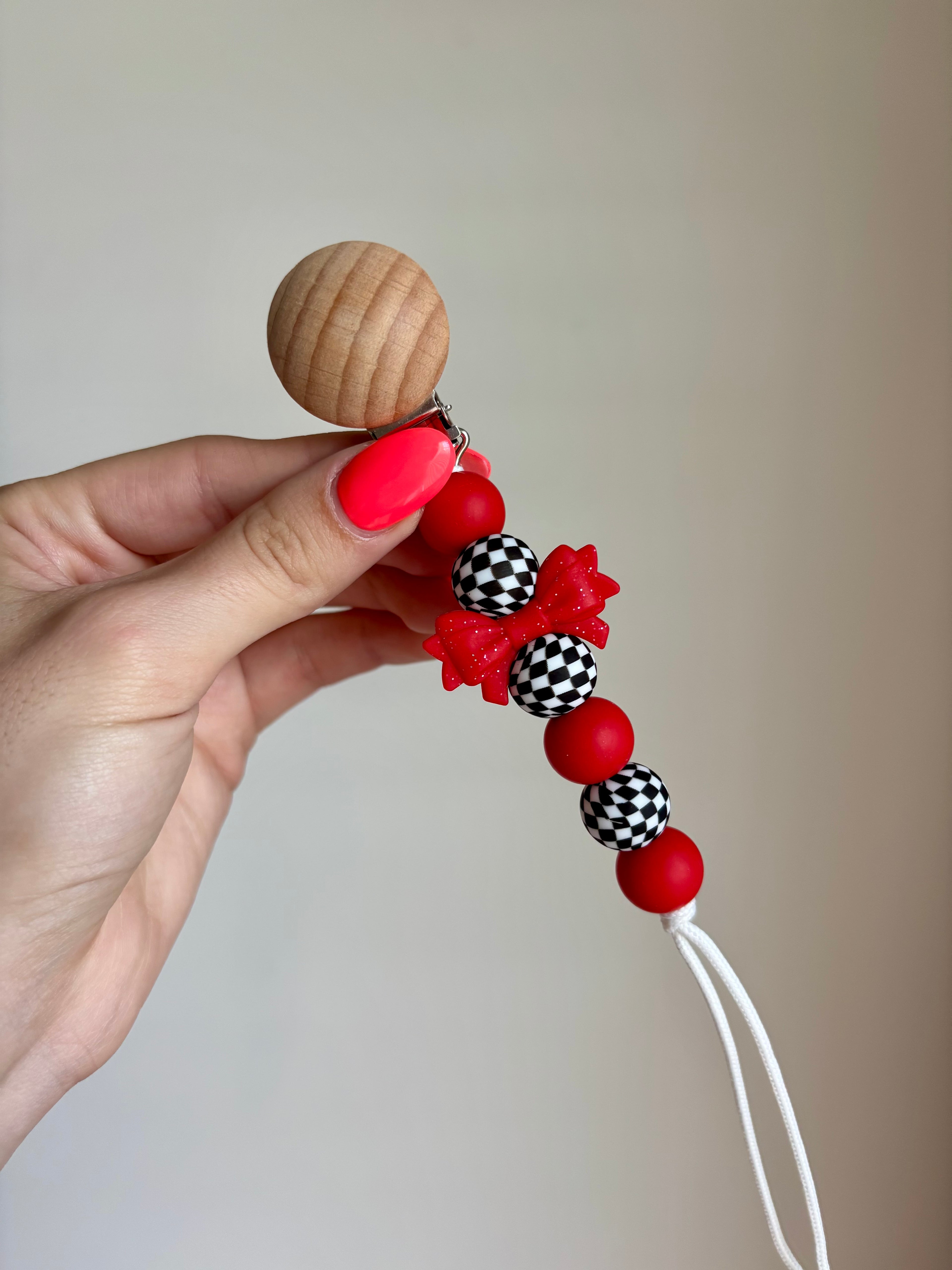 Checkered Sparkle Bow Paci Teething Clip