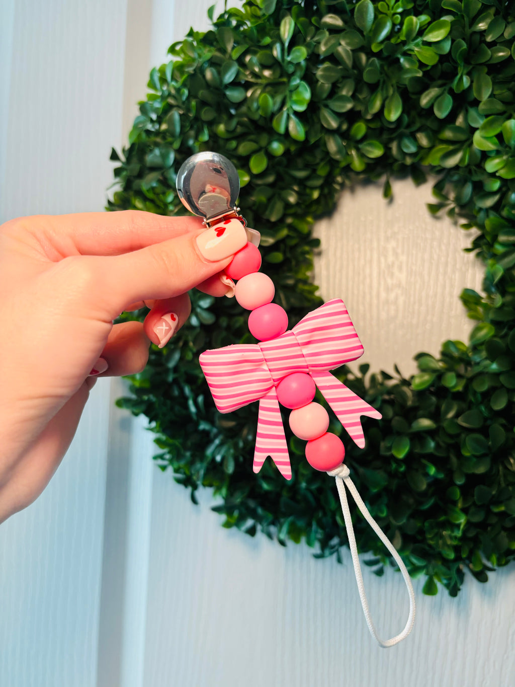 Pink Stripe Bow Paci Teething Clip