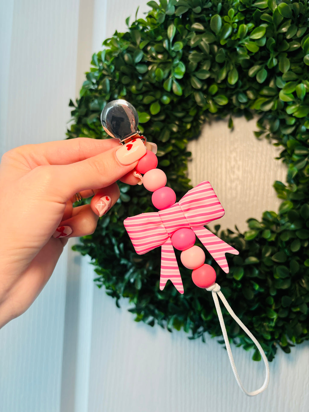 Pink Stripe Bow Paci Teething Clip