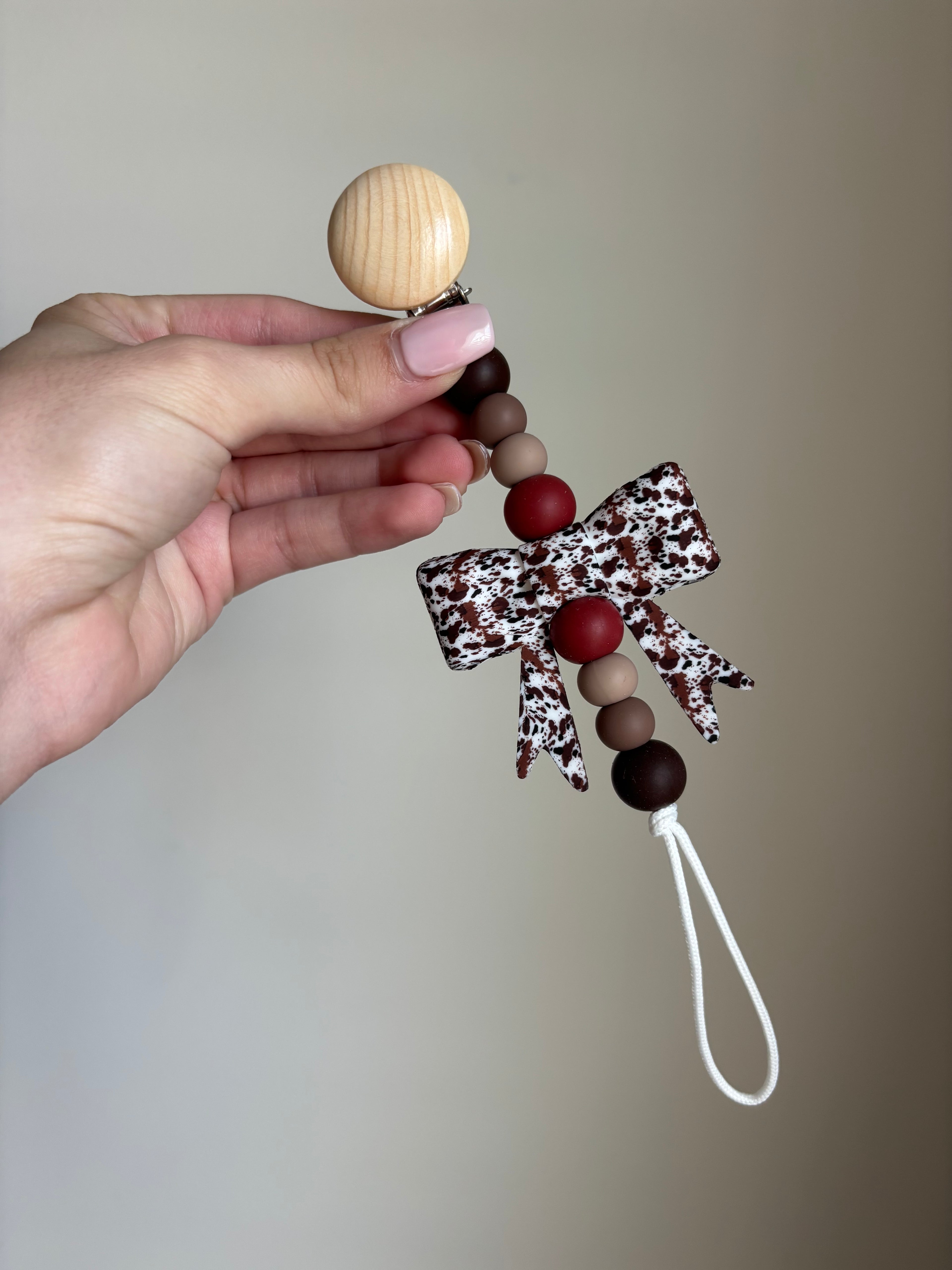 Cow Print Bow Paci Teething Clip