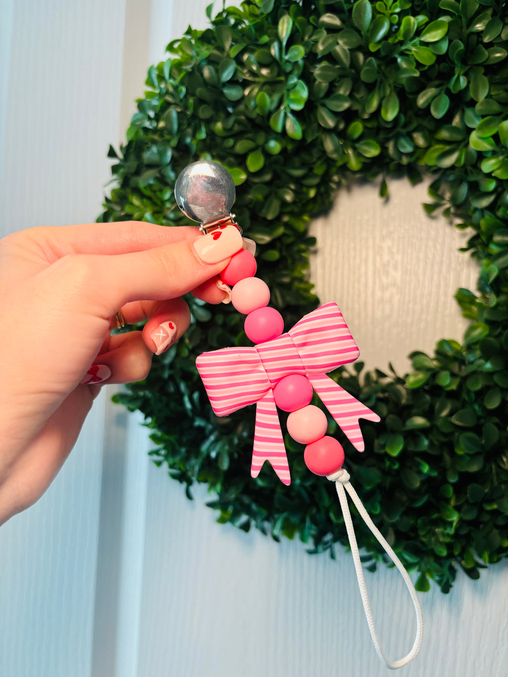 Pink Stripe Bow Paci Teething Clip