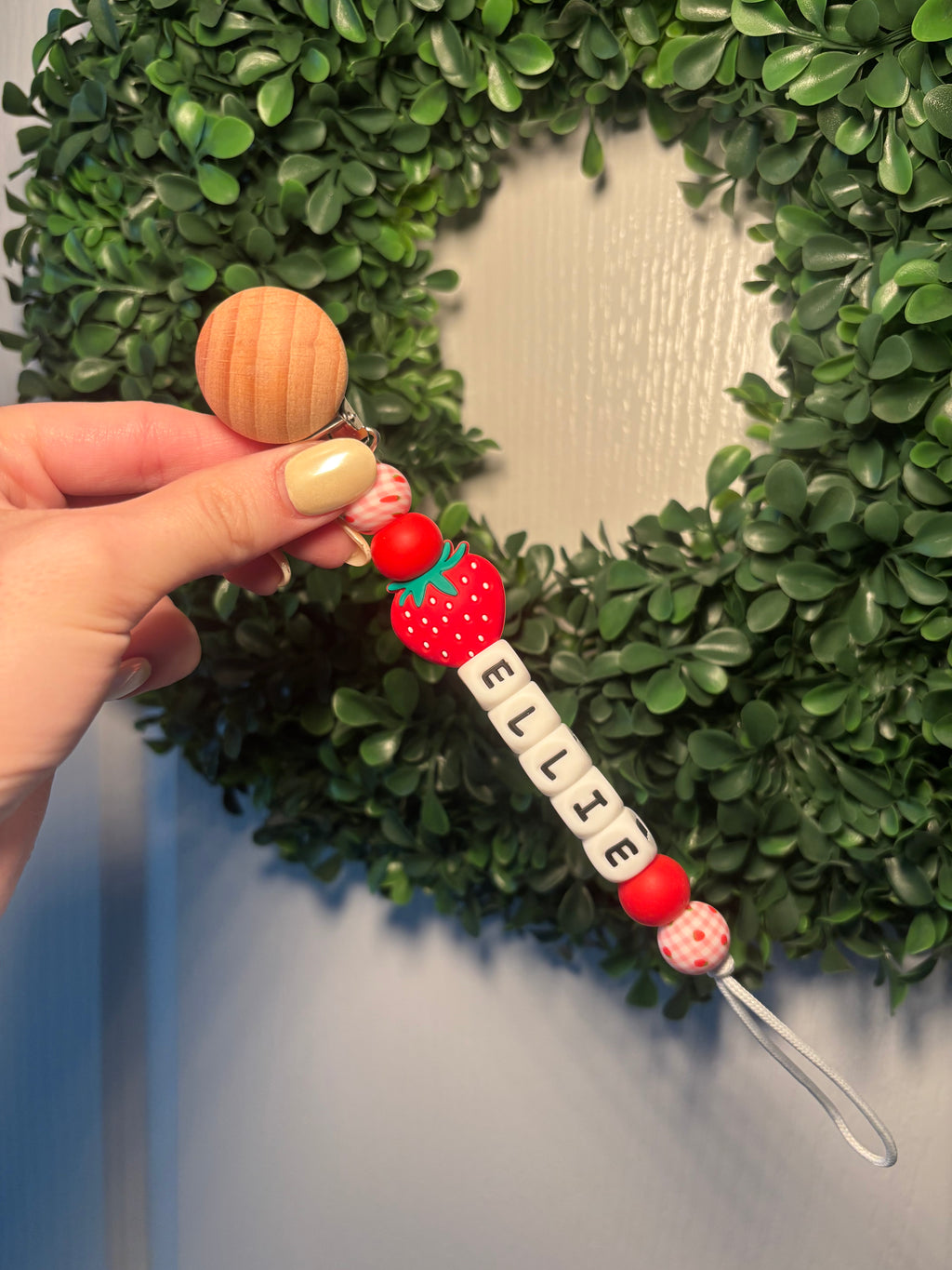 Strawberry Gingham Paci Teething Clip