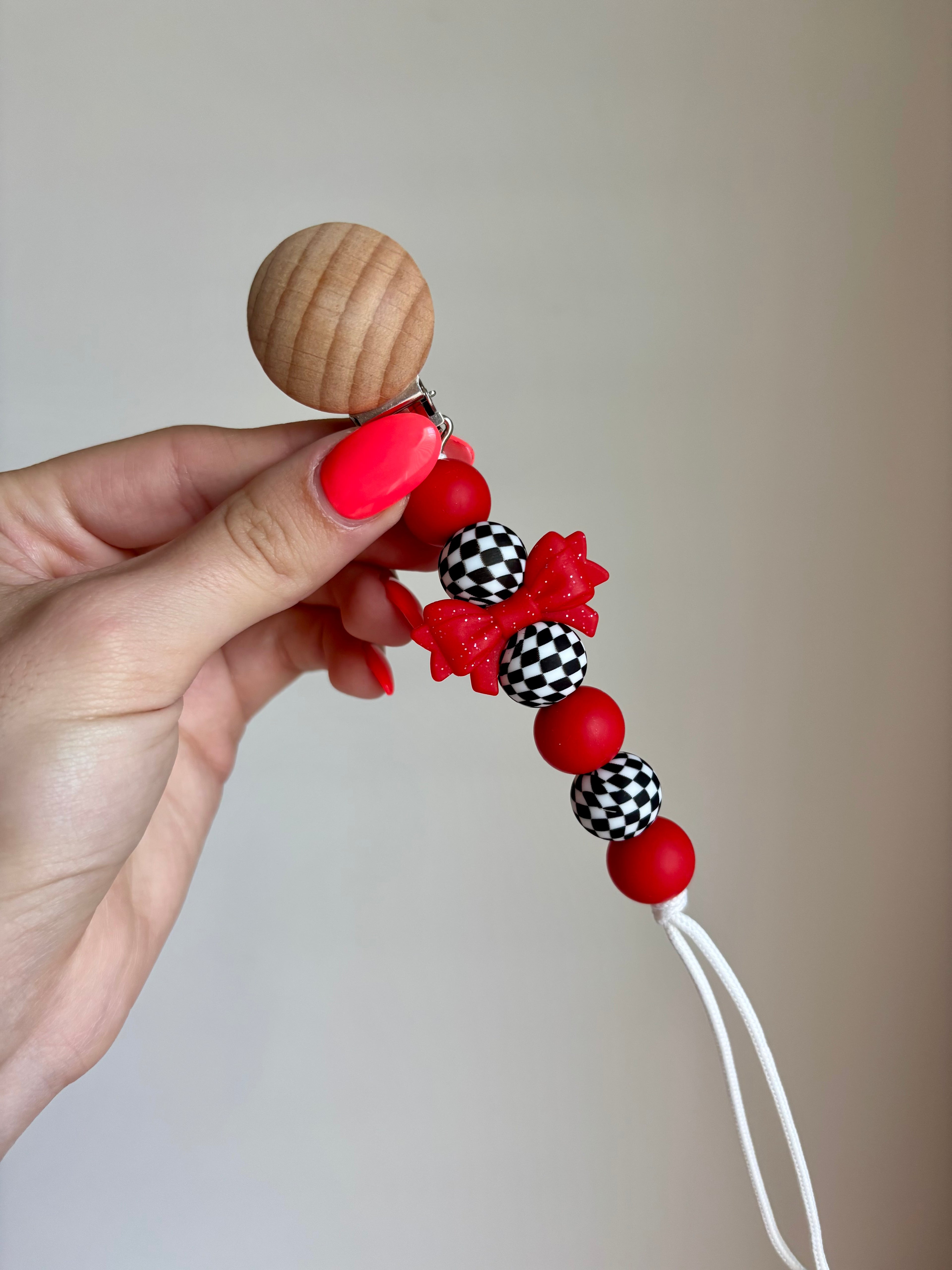 Checkered Sparkle Bow Paci Teething Clip