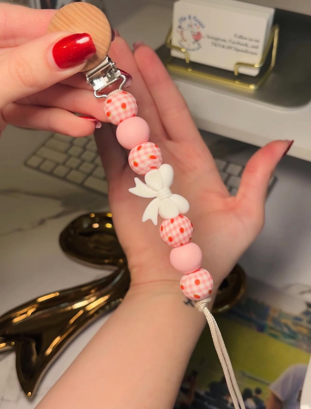 Strawberry Bow Gingham Paci Teething Clip