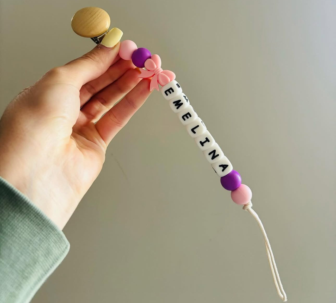 Custom Pink & Purple Bow Paci Teething Clip